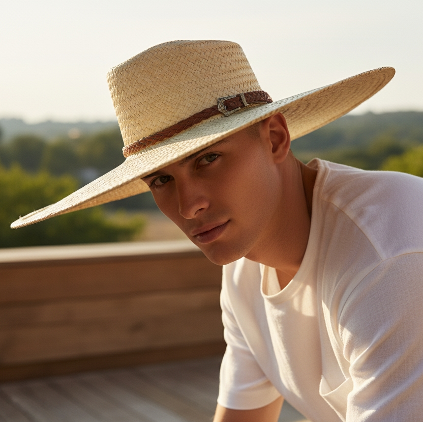 Chapéu modelo Campeiro palha fina com bandinha de couro trançado