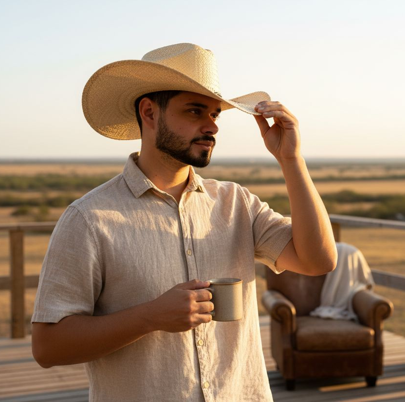 Chapéu modelo Americano palha fina com bandinha de couro e aplique de pena