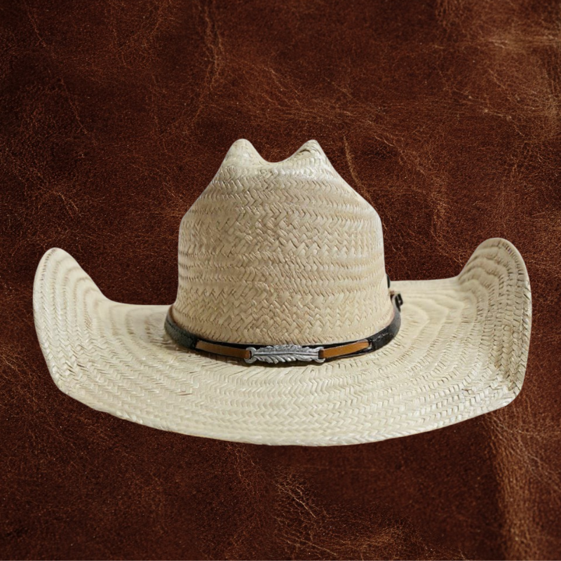 Chapéu modelo Americano palha fina com bandinha de couro e aplique de pena