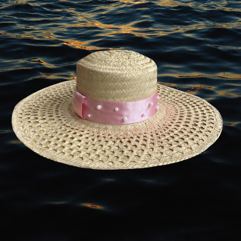 Chapéu Veneza modelo Paris palha fina com elástico e pérolas